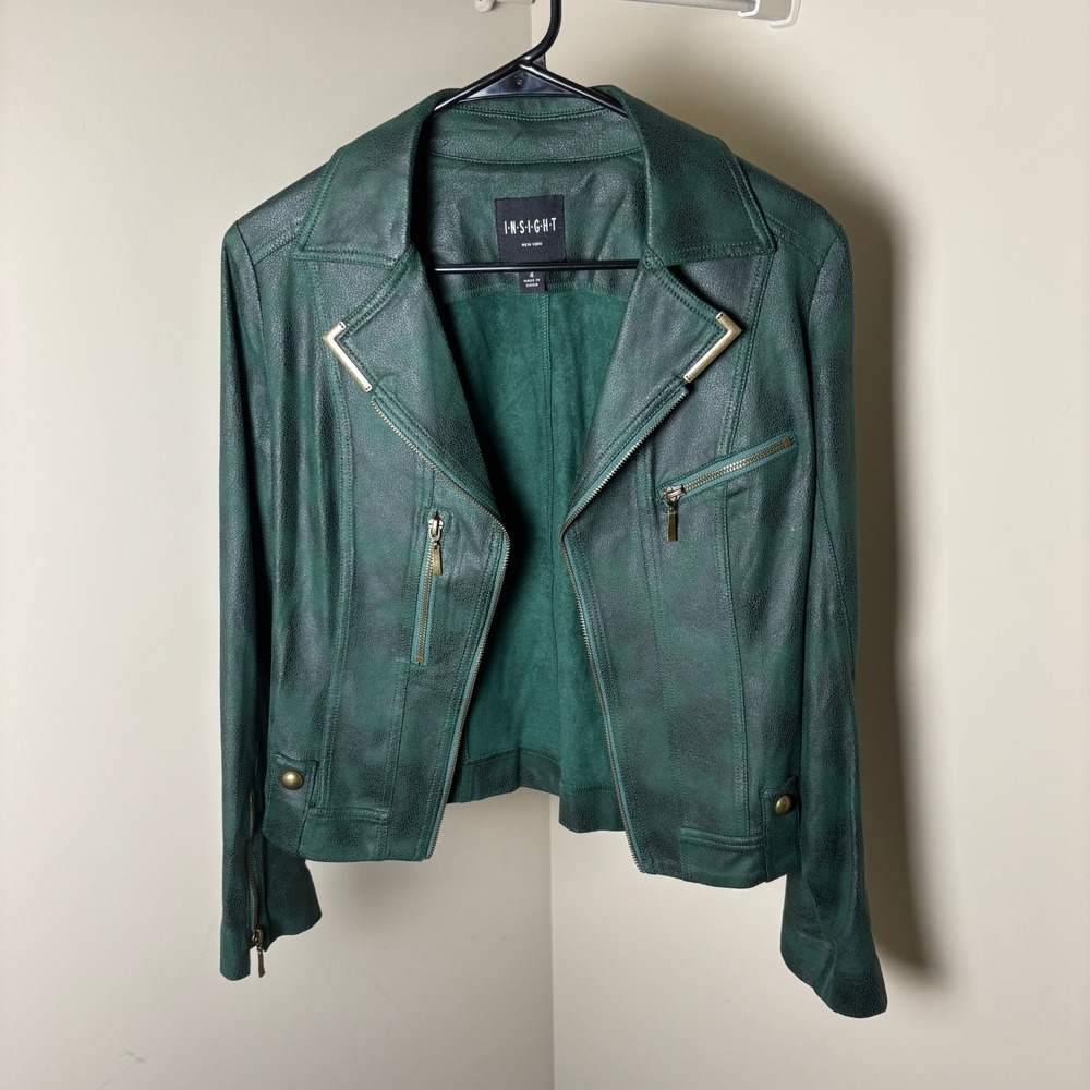 Insight New York Green Leather Full Zip Notch Moto Biker Jacket Womens Size 4 US